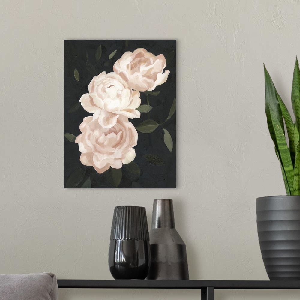 A modern room featuring Vertical painting of blush and white blooming flowers against dark green leaves.