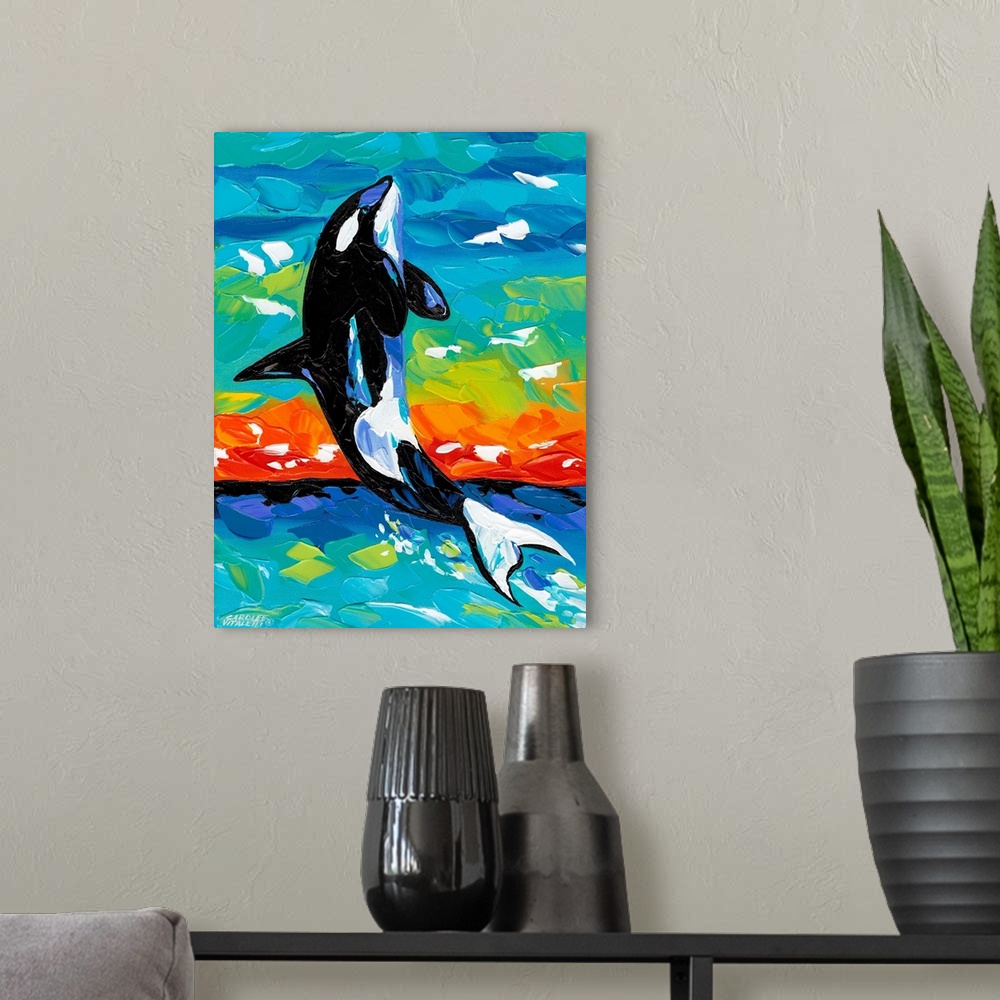A modern room featuring Contemporary painting using vivid colors of a killer whale leaping from the water.