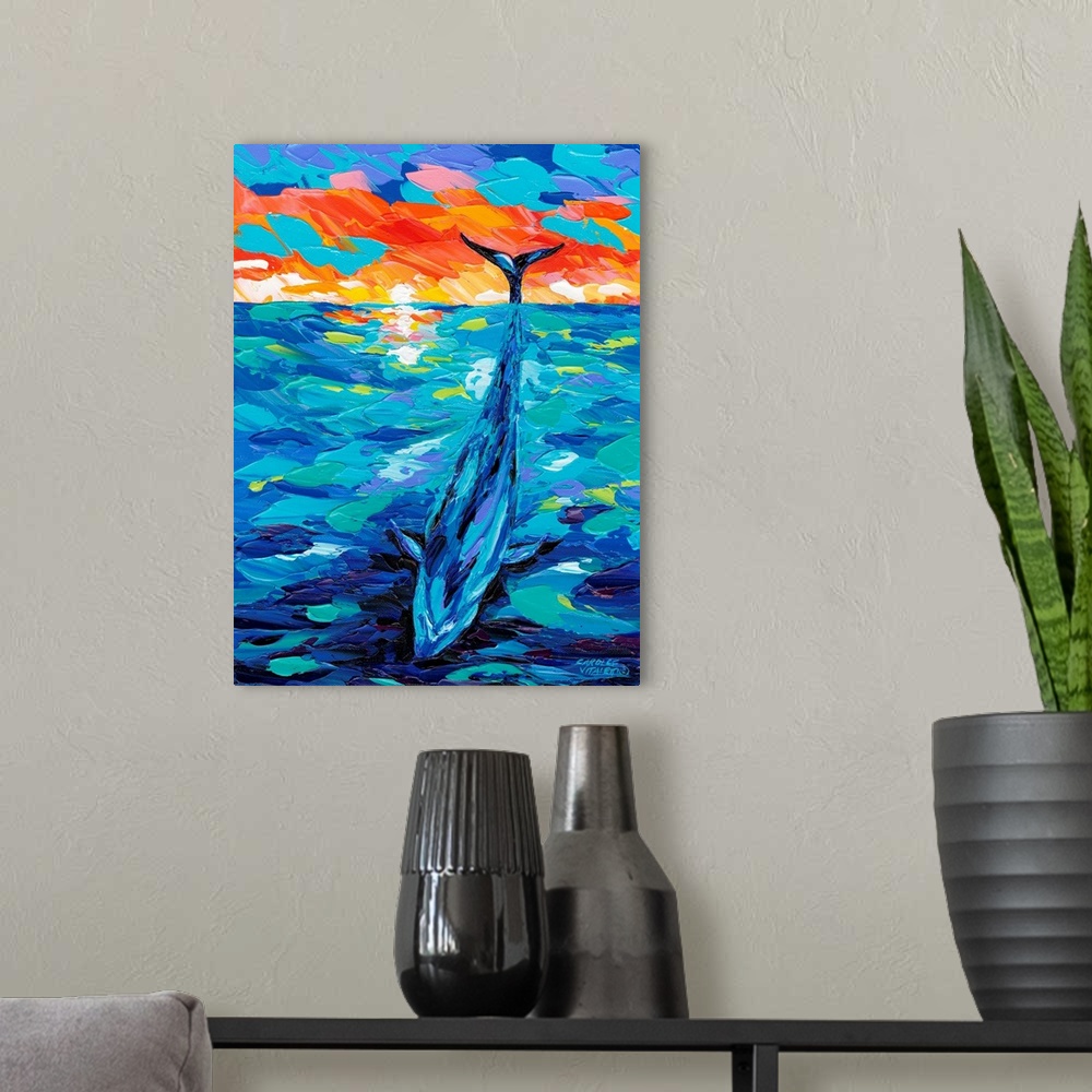 A modern room featuring Contemporary painting using vivid colors of a whale breaching the surface of the water.