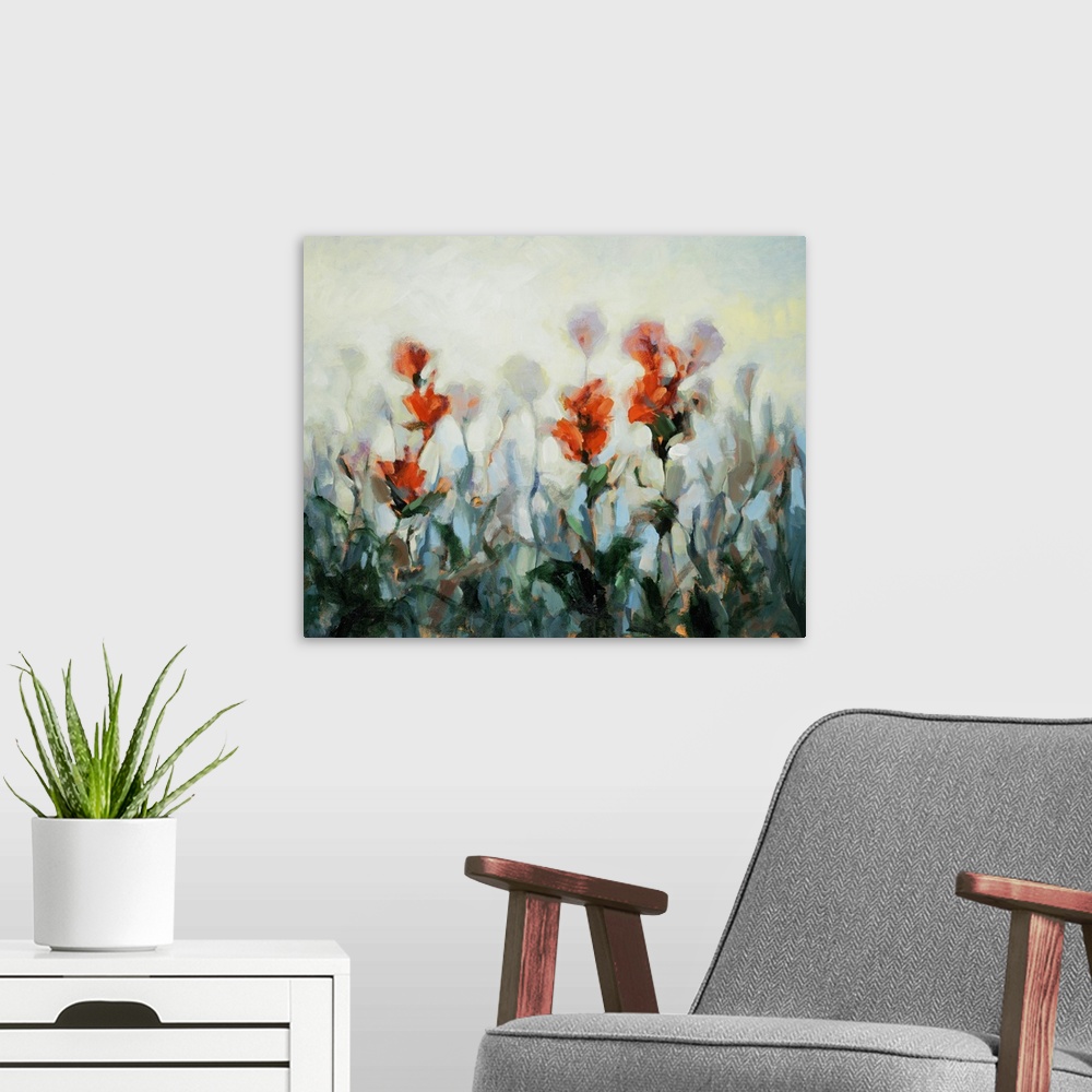 A modern room featuring Impressionist style artwork of bright red wildflowers.