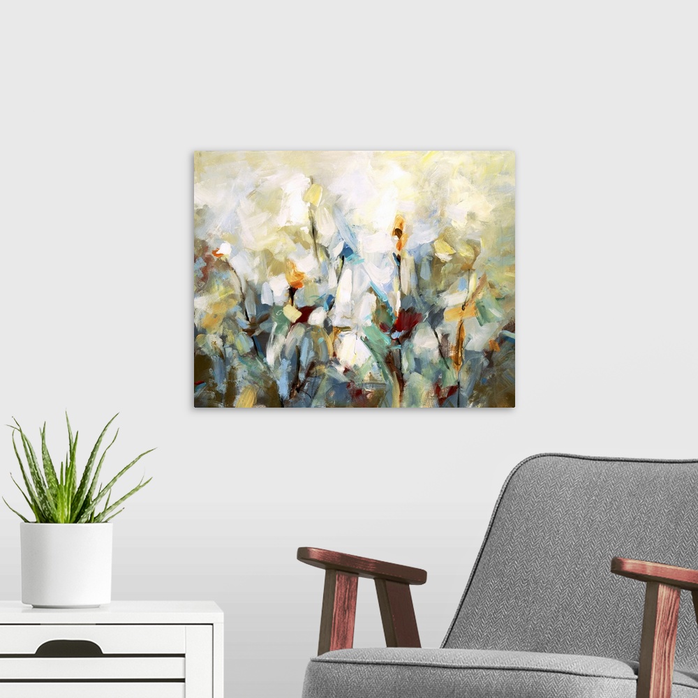 A modern room featuring Impressionist style artwork of flowers in bloom.