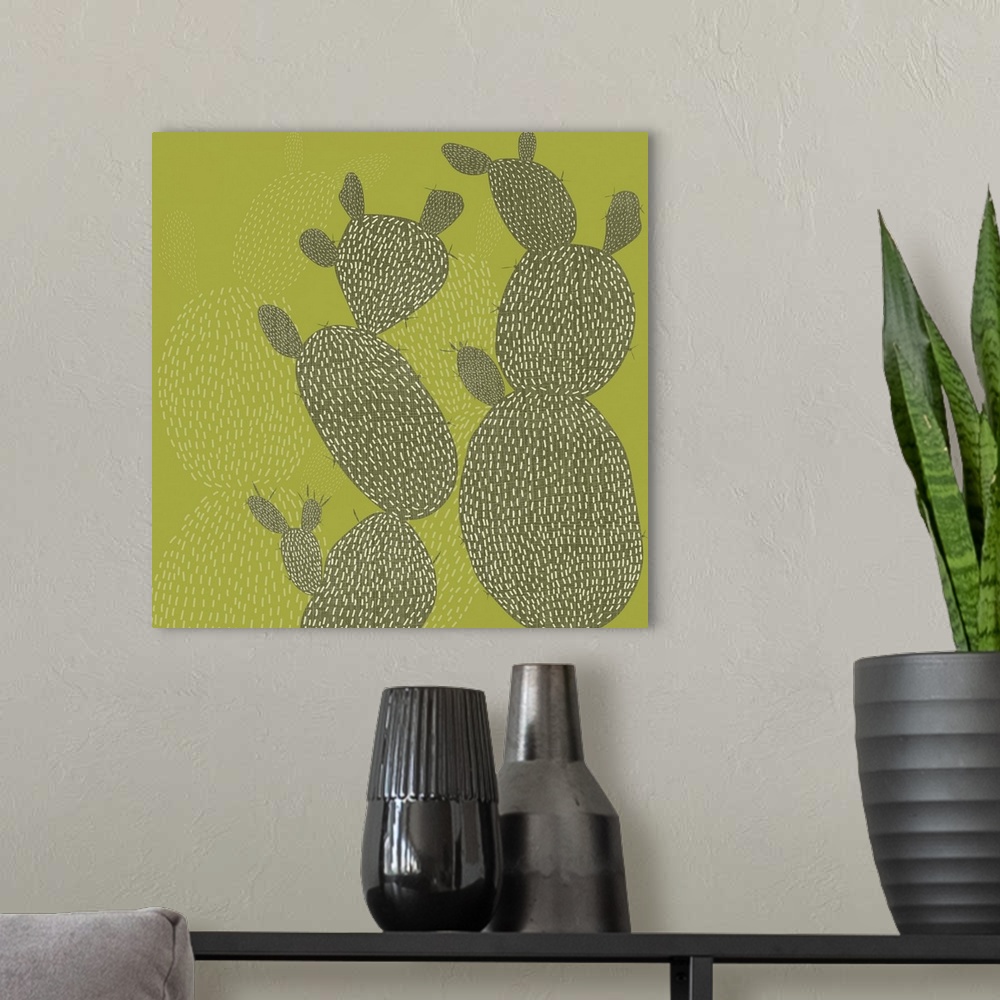 A modern room featuring Cactus shapes and designs fill this decorative artwork in light and dark shades of green with a l...