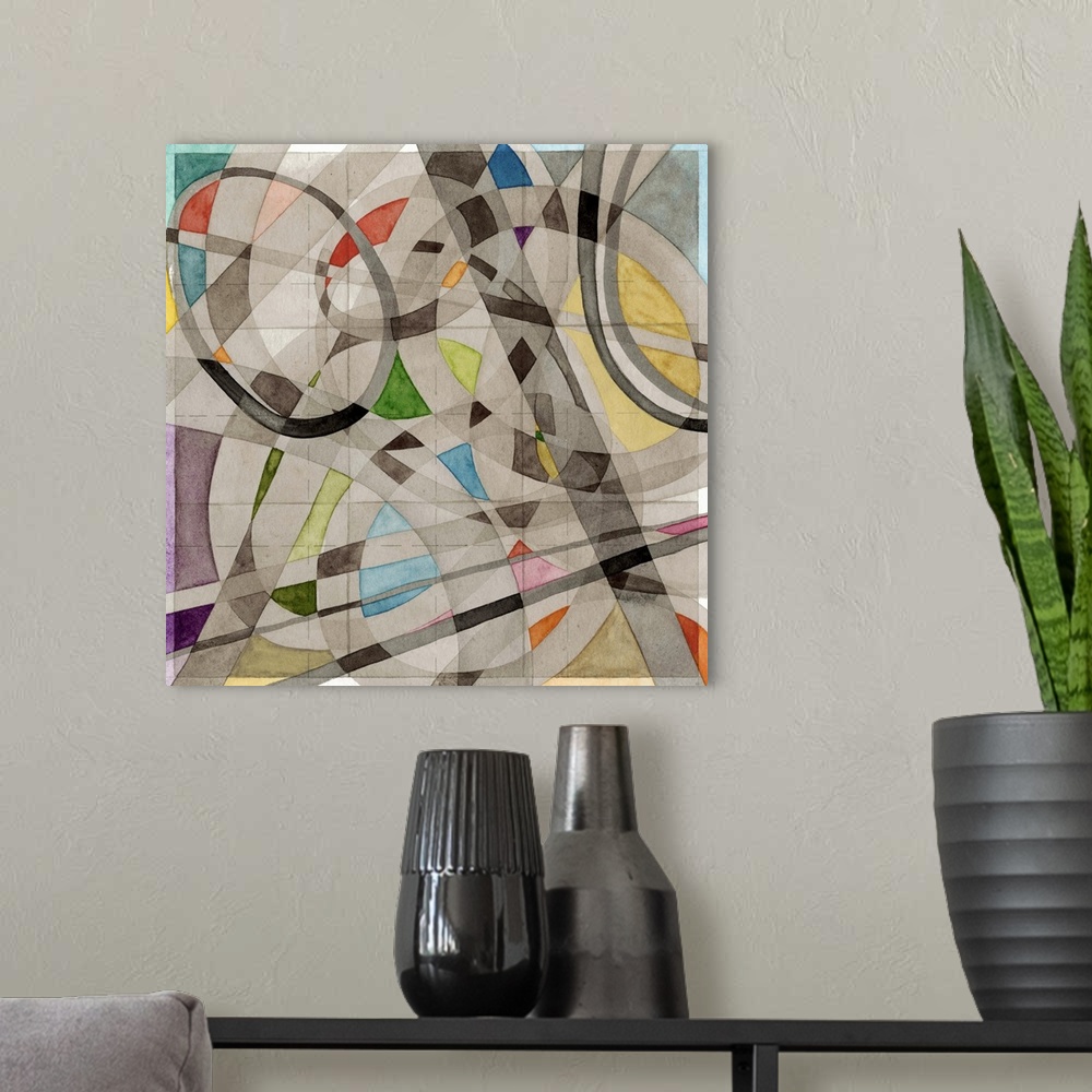 A modern room featuring Contemporary abstract painting using geometric shapes and bold semi-transparent colors.