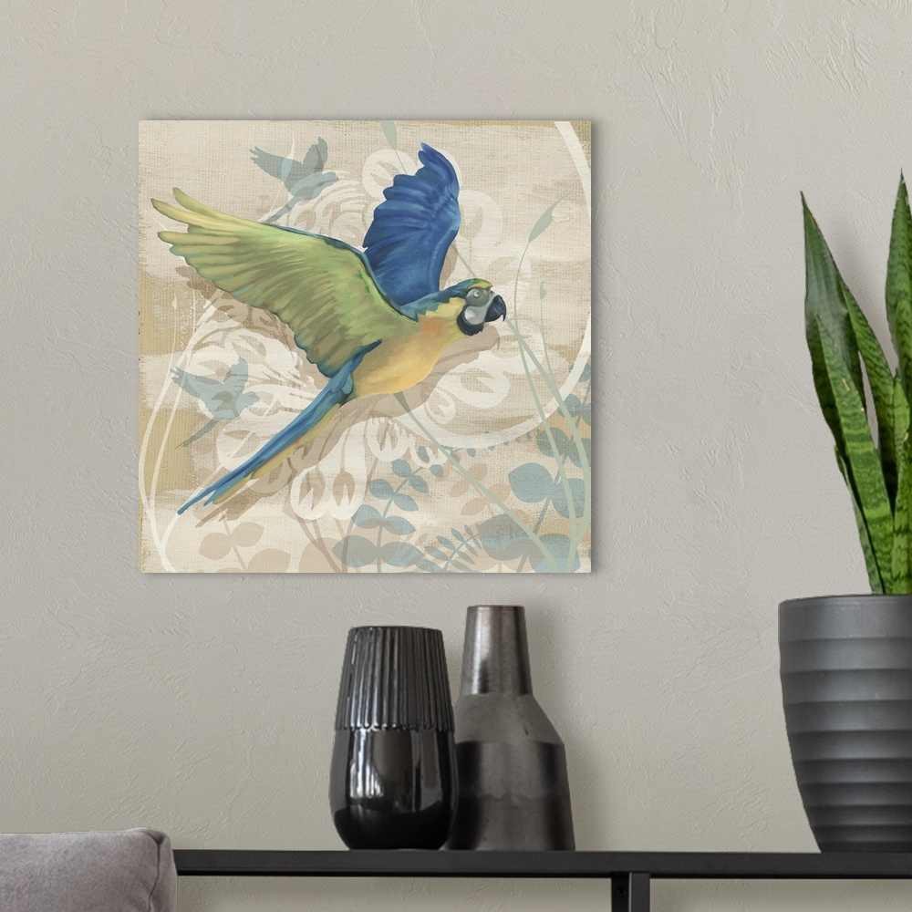 A modern room featuring Painting of a Blue and Gold Macaw in flight over a floral motif.