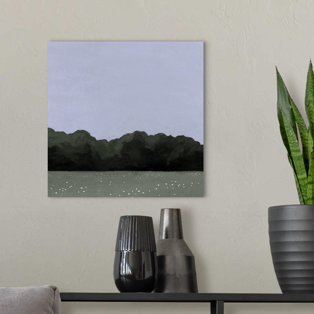 A modern room featuring A simple contemporary painting of a field lined by a forest of trees with a wide, open evening sky.