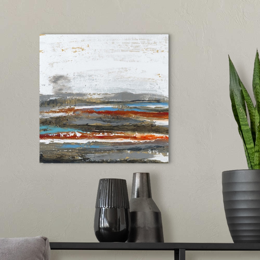 A modern room featuring Contemporary abstract painting using cool and warm tones to create horizontal lines.