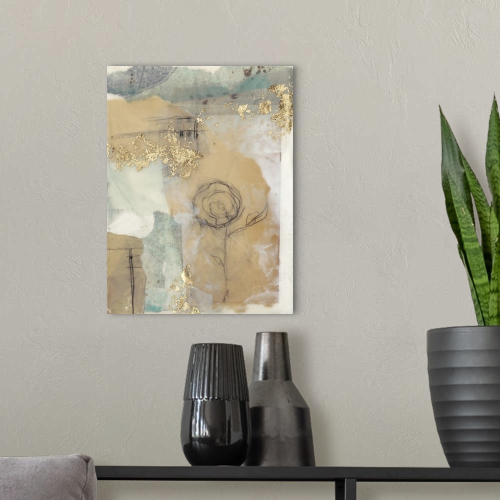 A modern room featuring Abstract contemporary artwork in grey and tan with a stylized flower design.