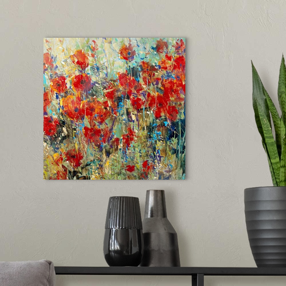 A modern room featuring Artwork of a field of red poppies. Rough texture is visible.