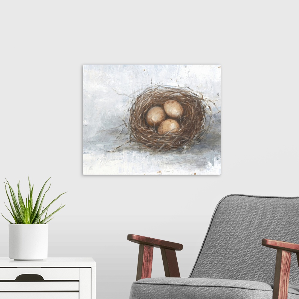 A modern room featuring Orange eggs resting in a nest against a distressed light background fills this rustic artwork.