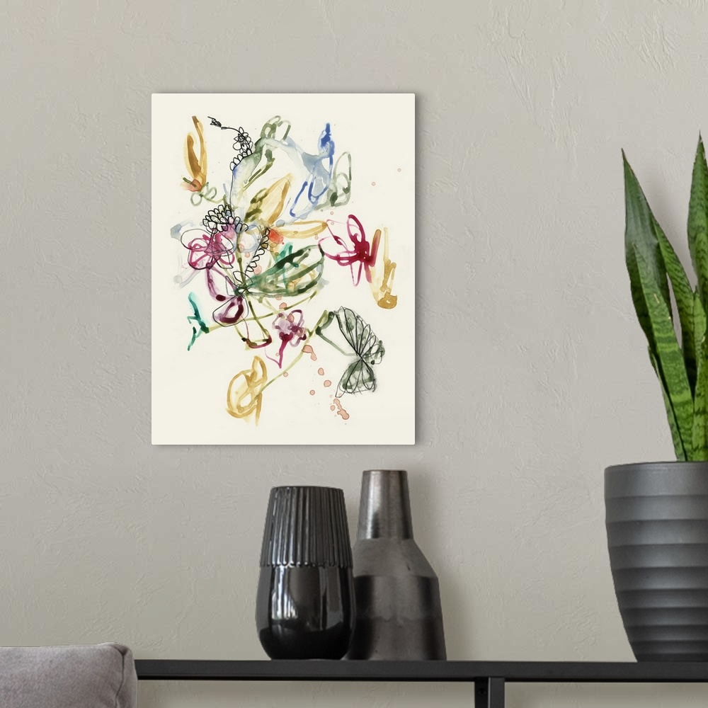 A modern room featuring Contemporary painting of abstracted flowers in a variety of colors against a cream toned background.