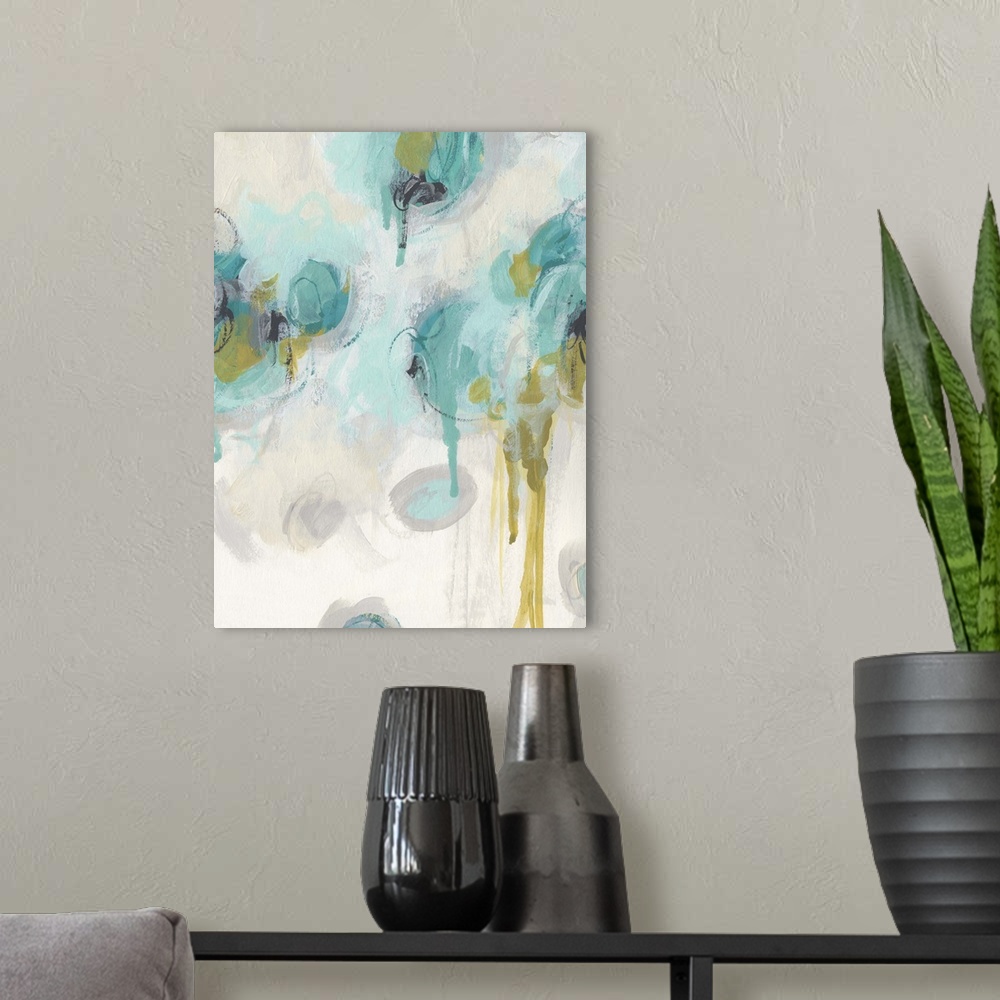 A modern room featuring Contemporary abstract painting using pastel teal and blue tones with gray colored organic shapes ...