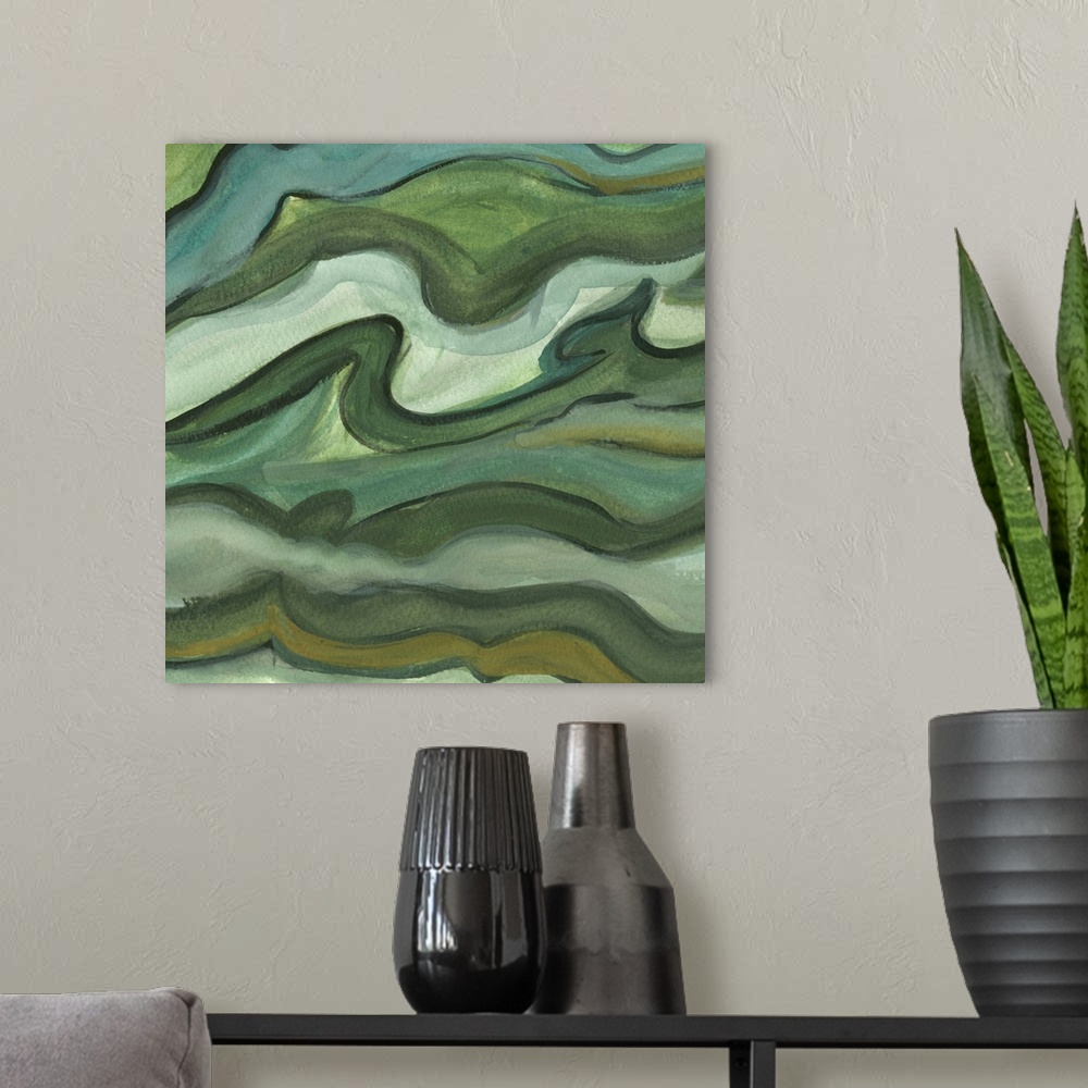 A modern room featuring Contemporary abstract painting using tones of green resembling a cross section of stone.