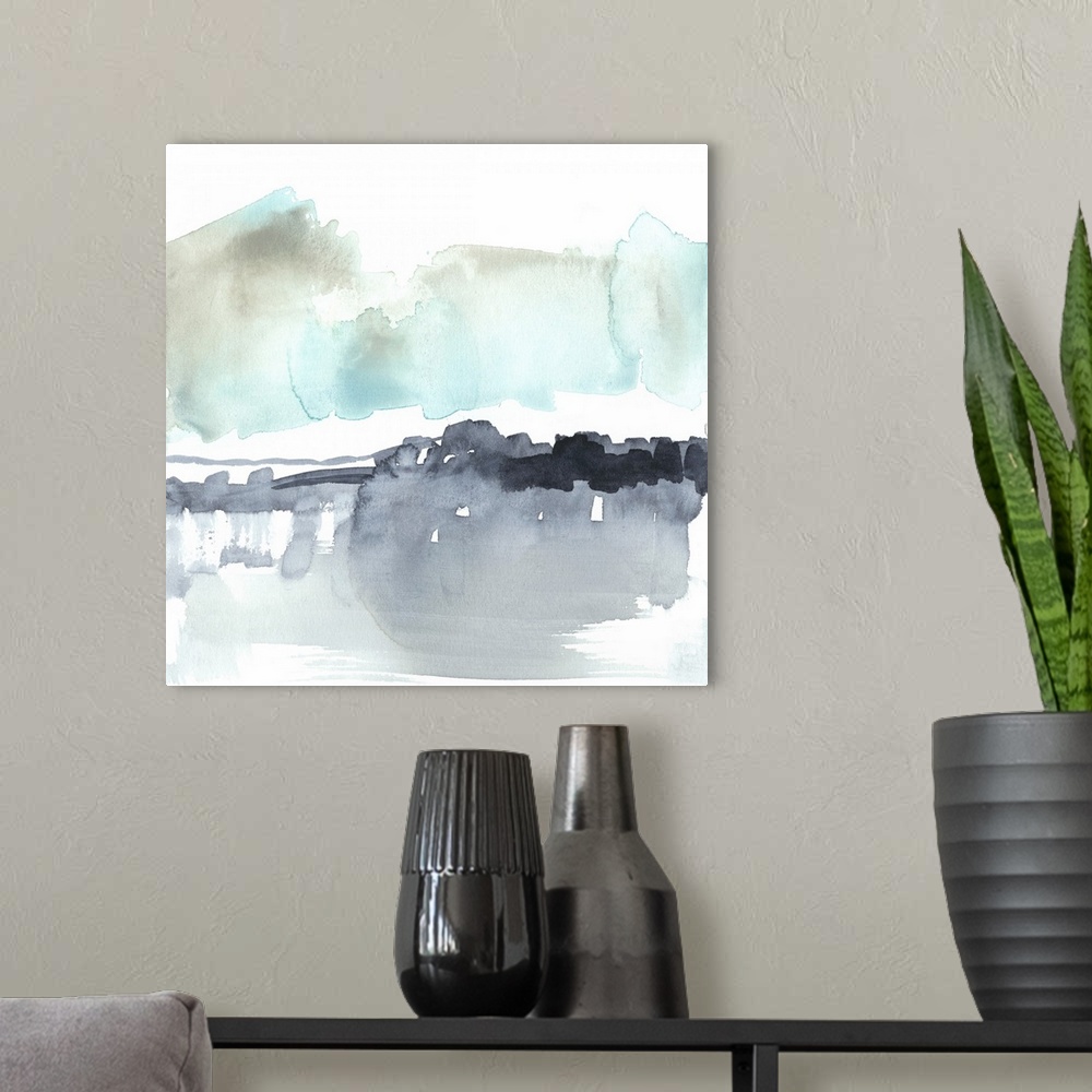 A modern room featuring Square watercolor painting of abstract landscape of snow against a white background.