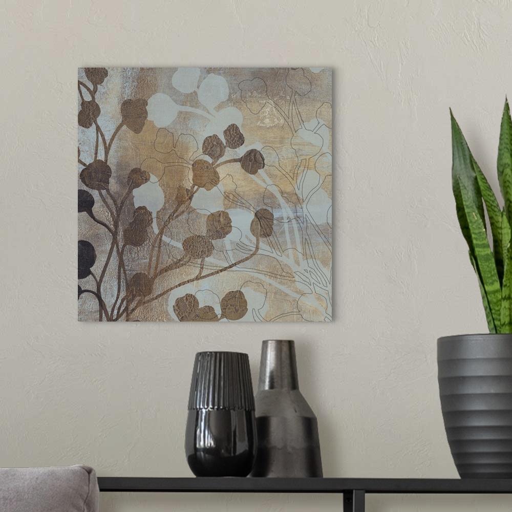 A modern room featuring Contemporary artwork of silhouetted flower buds against a faded background.