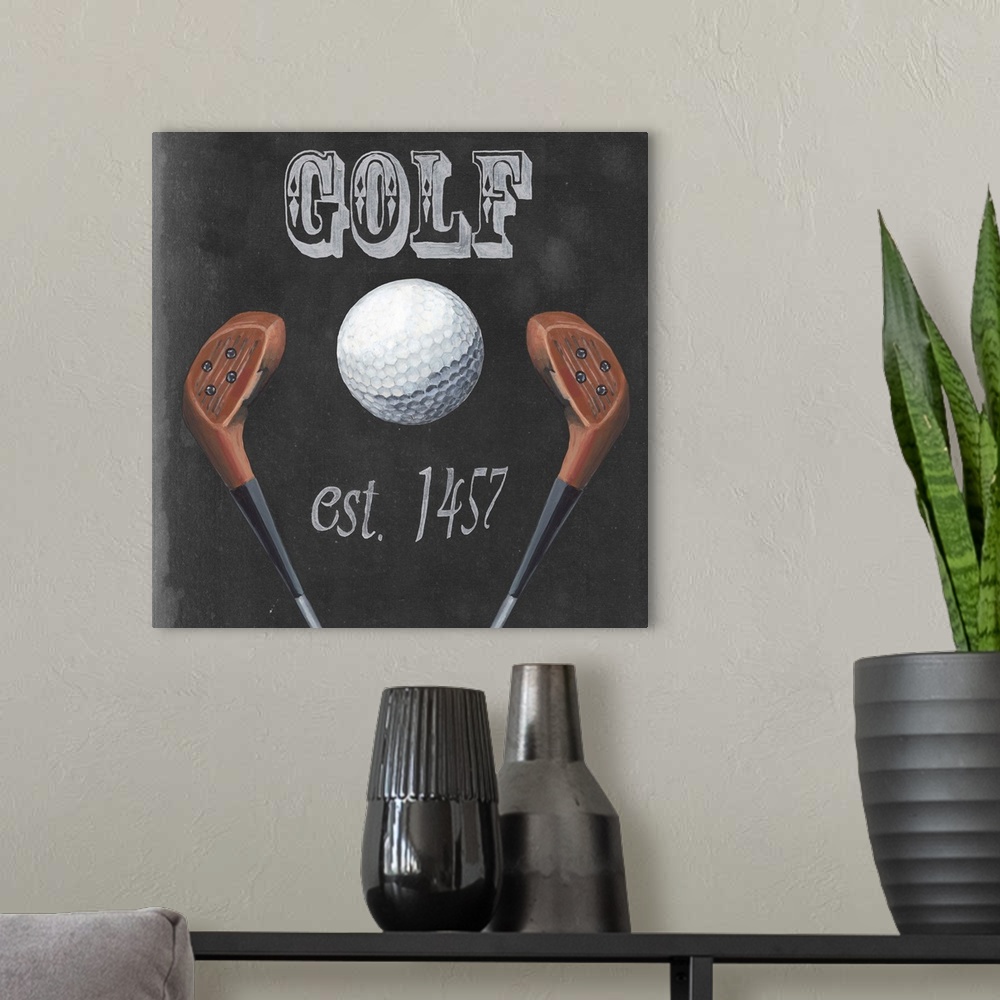 A modern room featuring Chalkboard style home decor artwork of golf imagery.