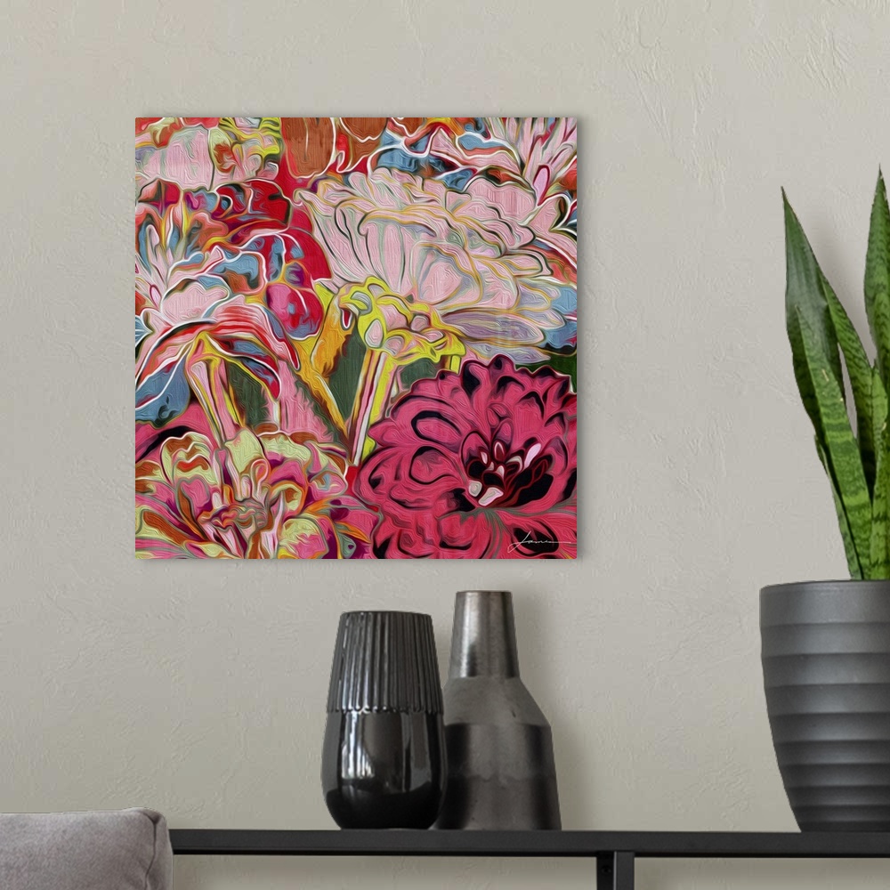 A modern room featuring Brightly colored artwork of a group of blossoming flowers.