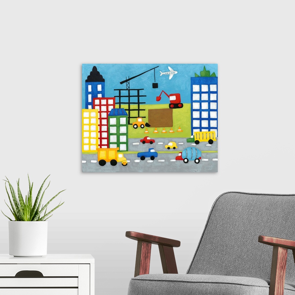 A modern room featuring Colorful children's artwork of street with cars lined with tall buildings with crane and construc...