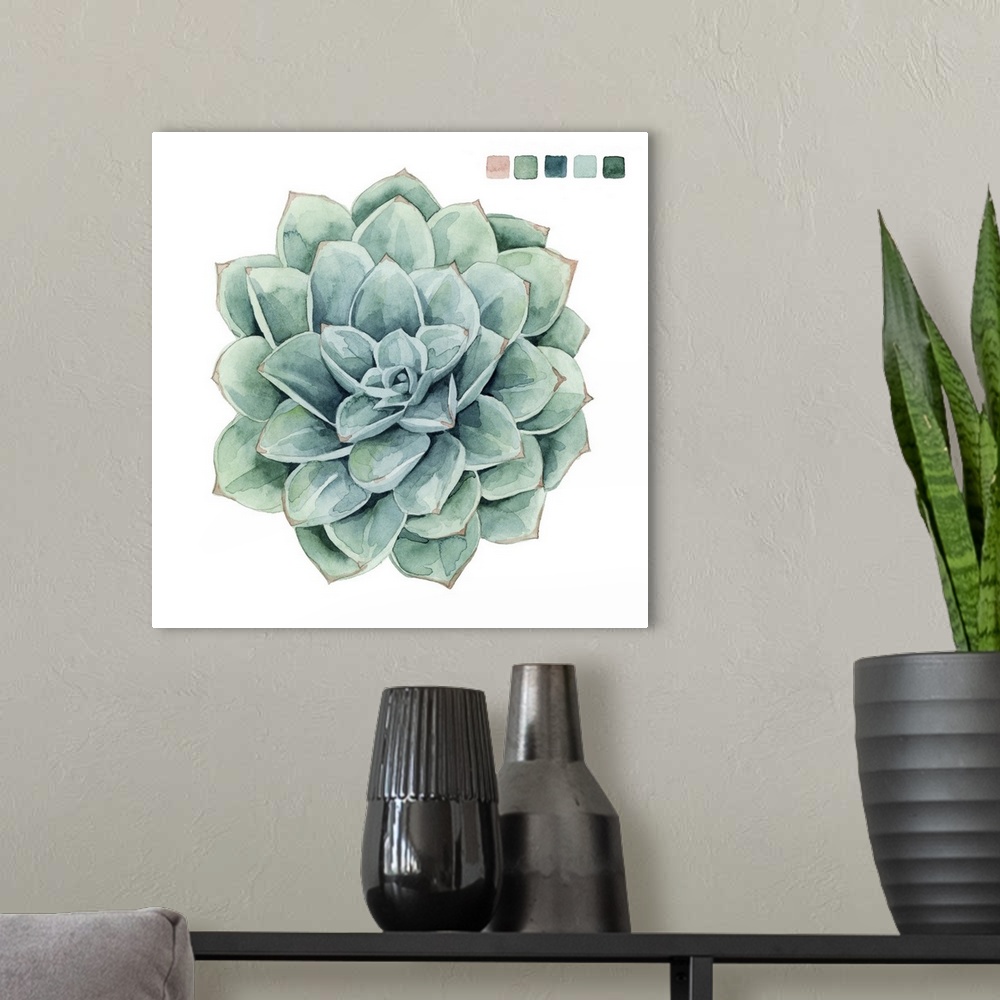 A modern room featuring Artwork of a succulent plant with color samples in the top corner.