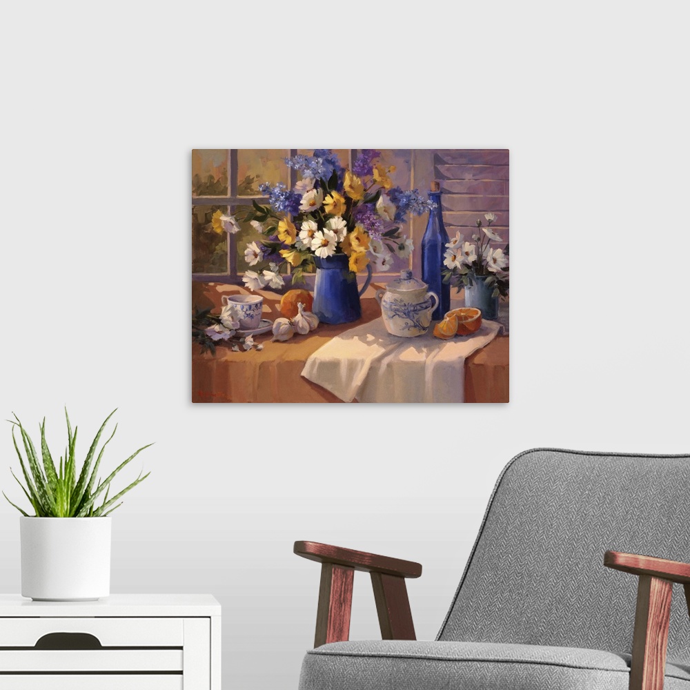 A modern room featuring Contemporary still-life painting of a decorative vase holding colorful flowers.