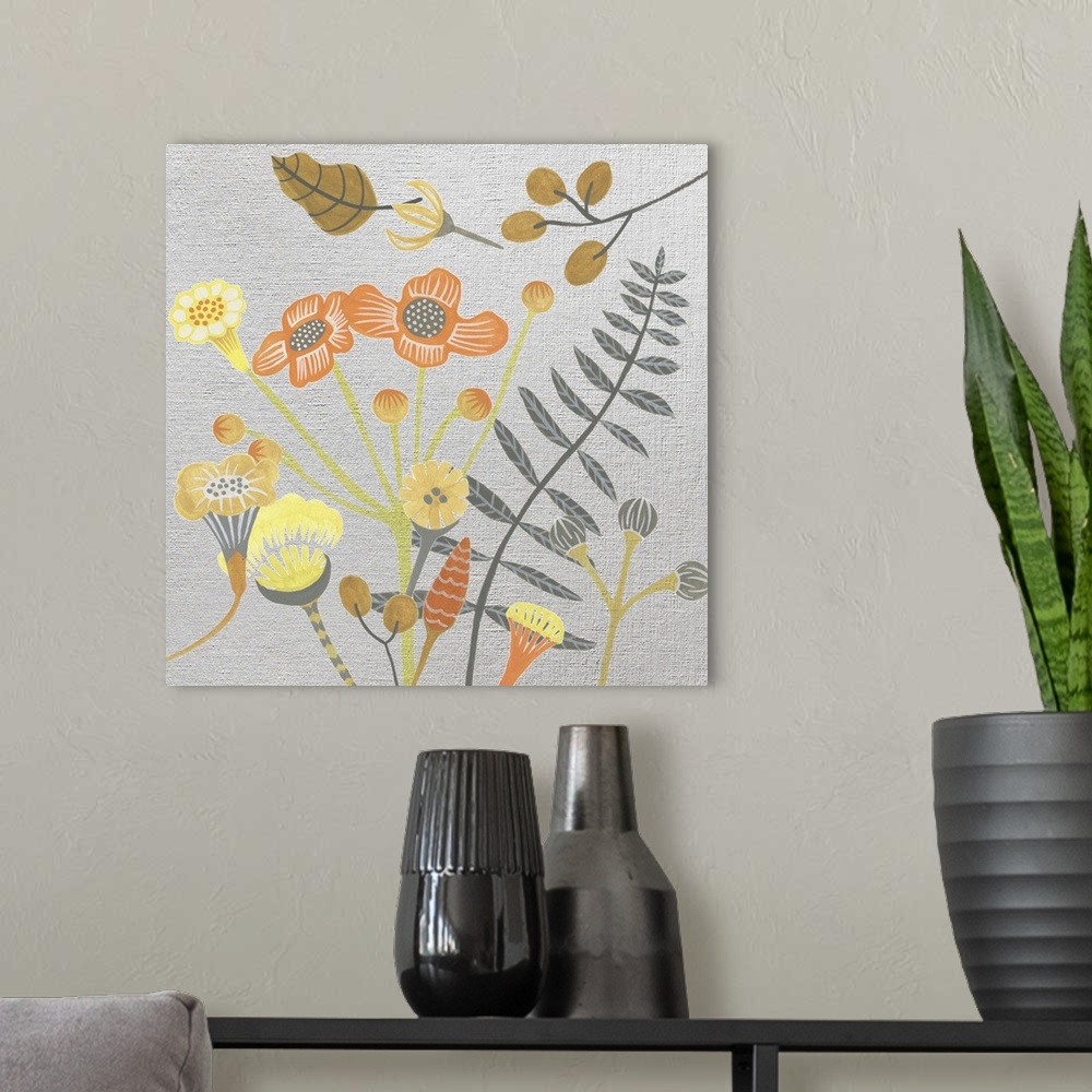 A modern room featuring Artistic painting of wild flowers done in warm citrus colors on a gray linen textured backdrop.