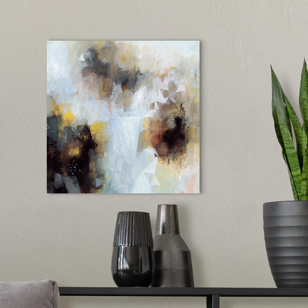 A modern room featuring Contemporary abstract painting in contrasting dark and light hues.