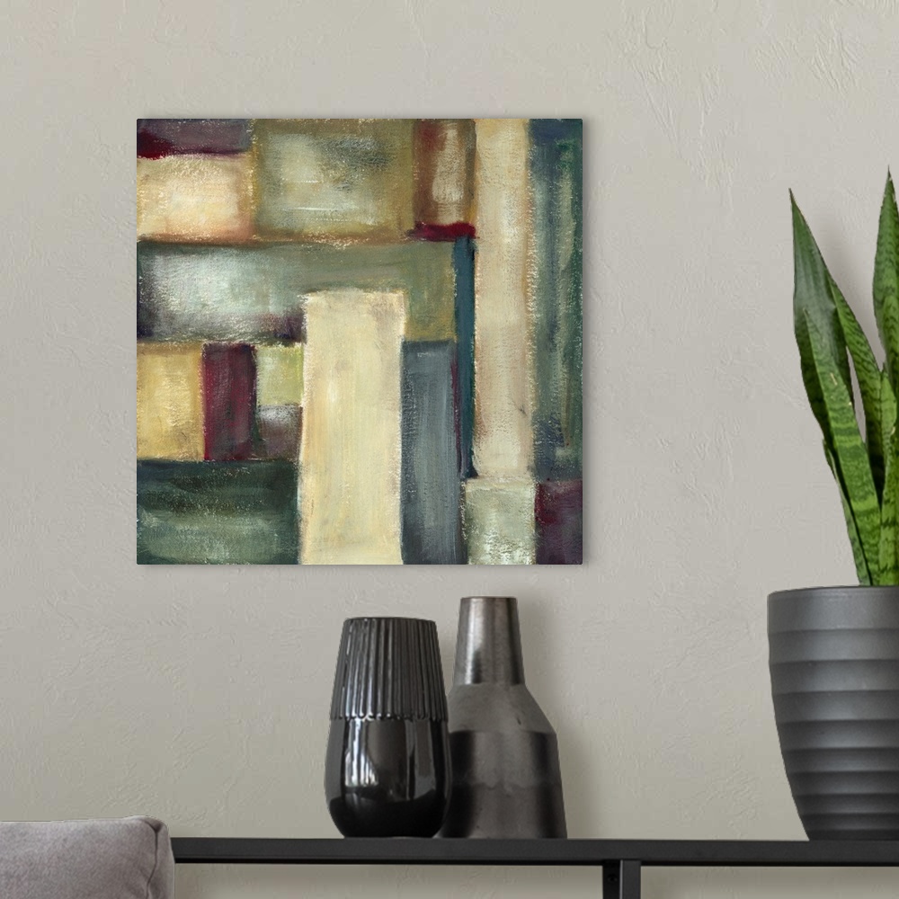 A modern room featuring Contemporary abstract painting of geometric shapes in muted tones.