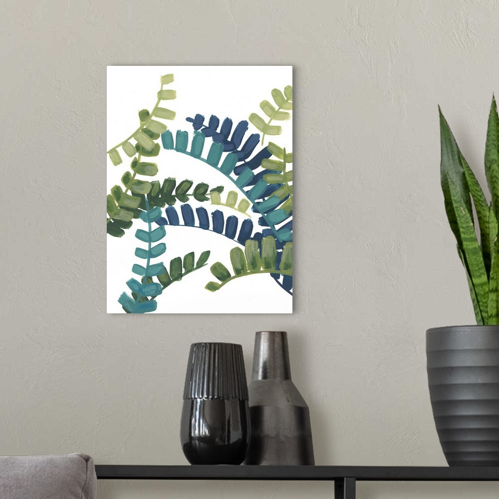 A modern room featuring Artwork of green and blue fern fronds on white.