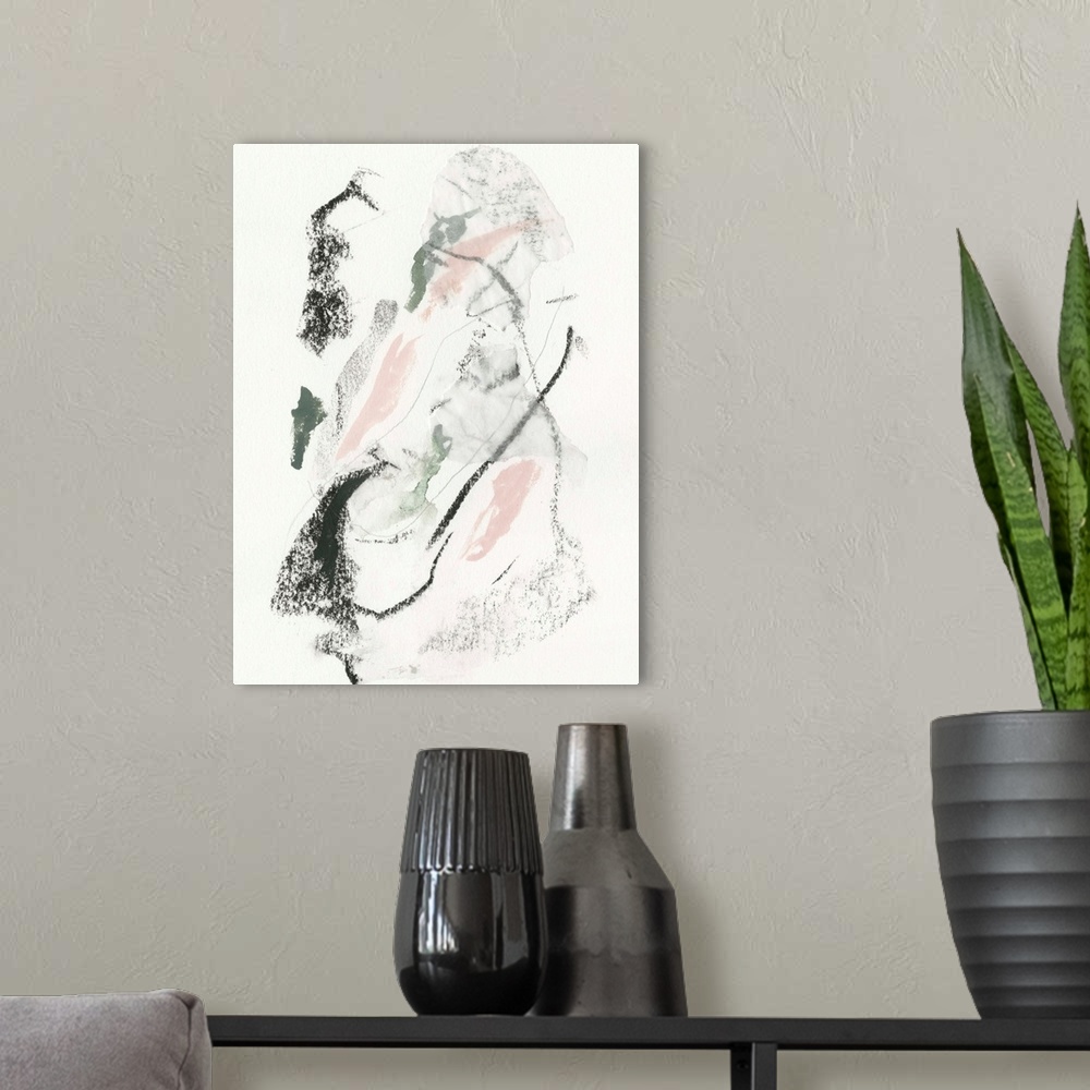 A modern room featuring Abstract painting of watercolor and pastels, in random curved lines, of black, pink and gray.