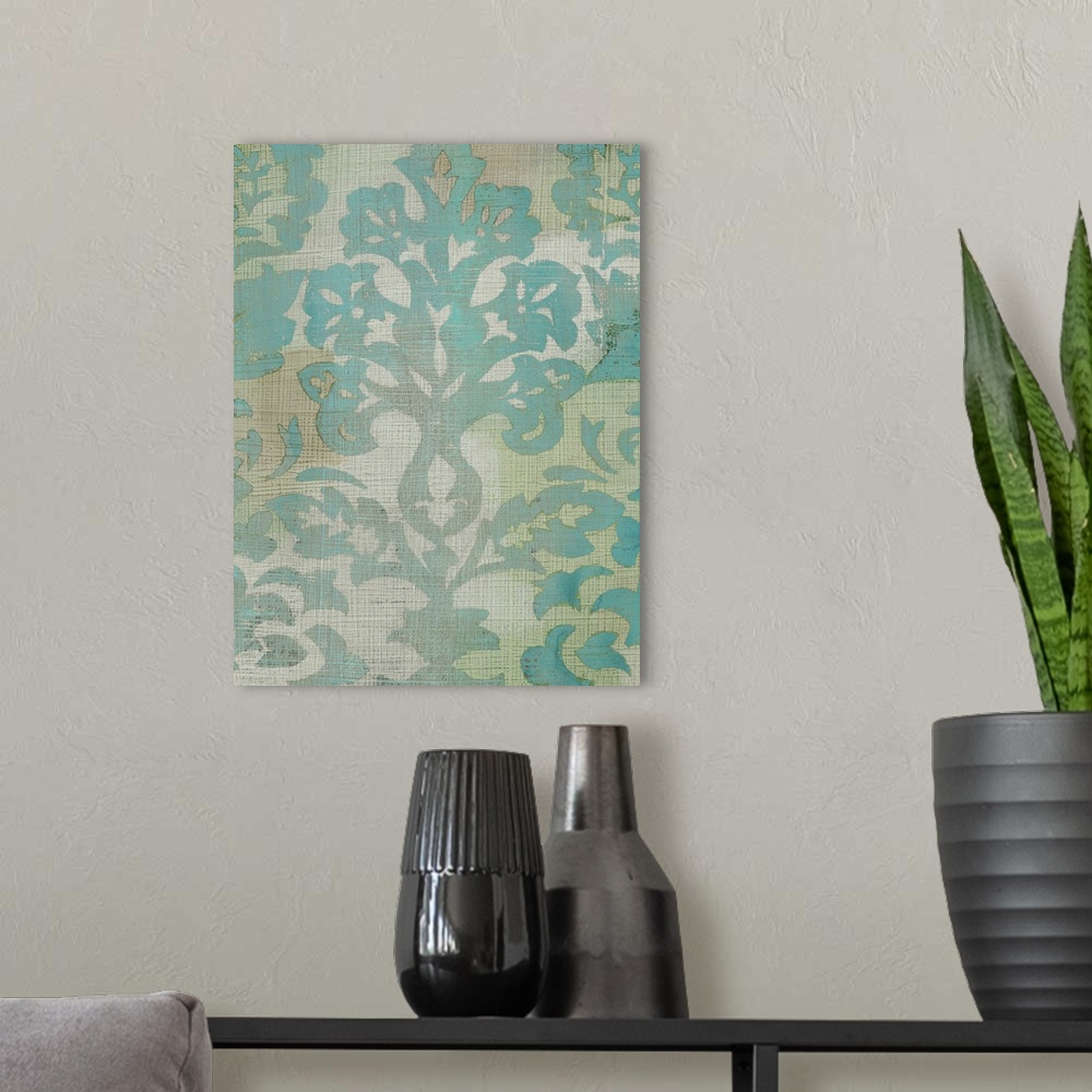 A modern room featuring Faded and distressed looking damask pattern in teal and turquoise.
