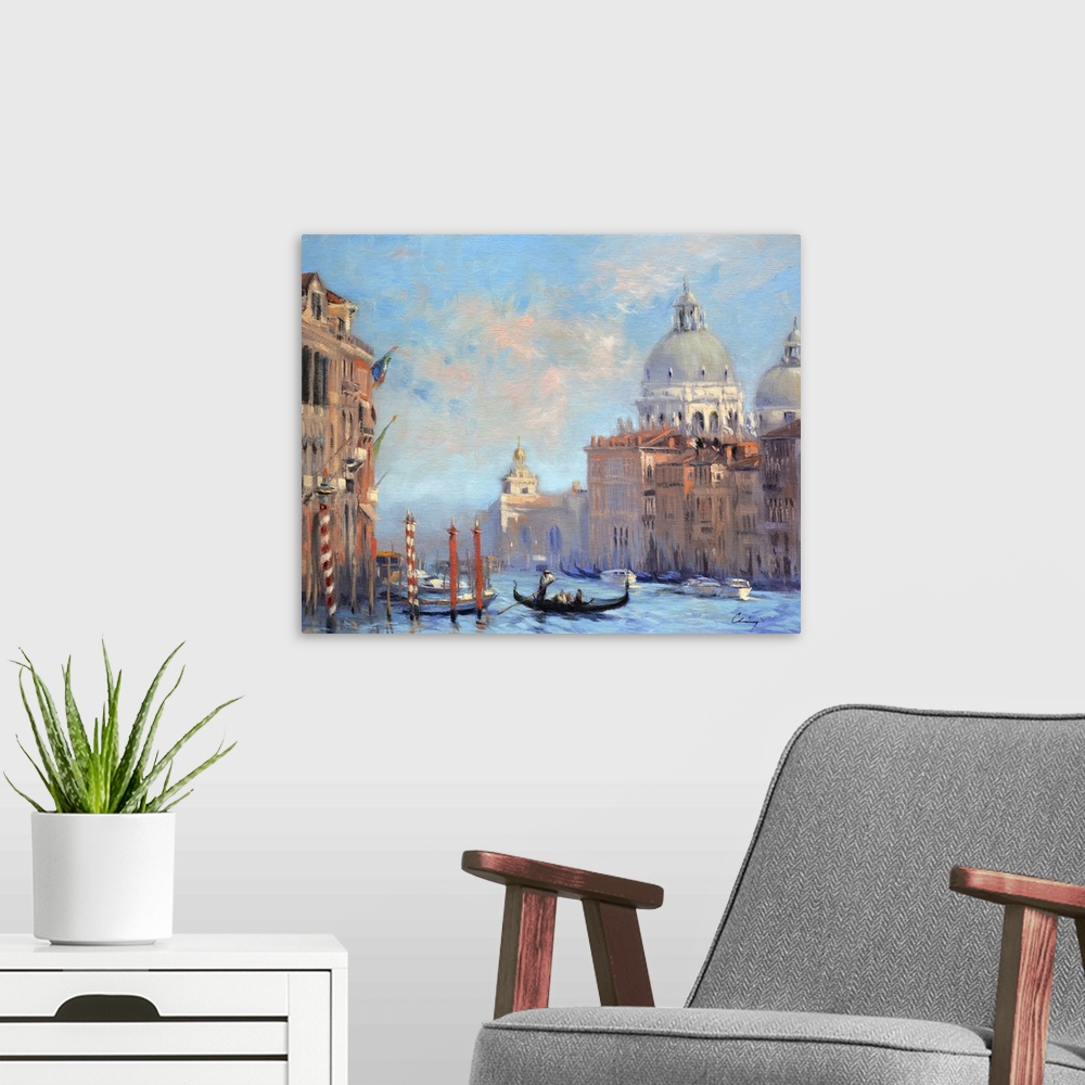 A modern room featuring Contemporary painting of Venice in morning mist.