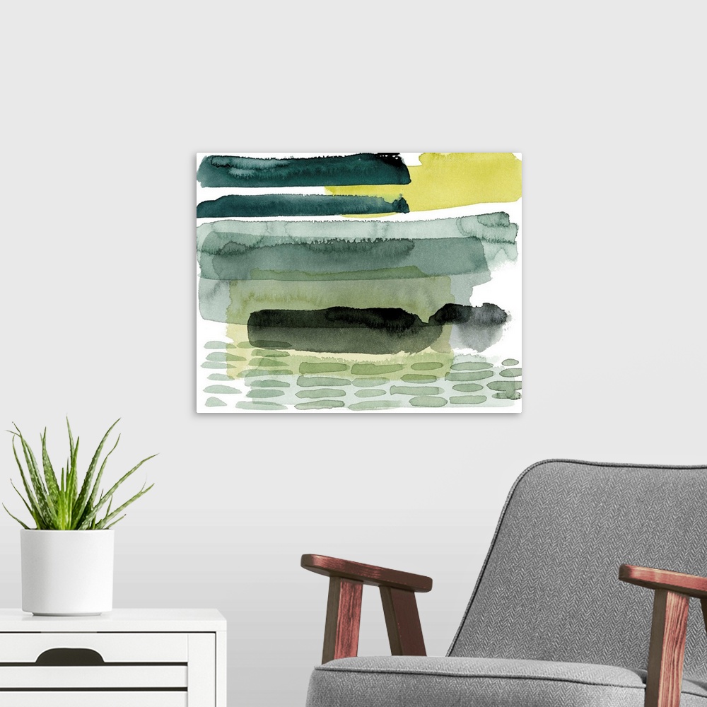 A modern room featuring Watercolor artwork in overlapping shades of green and yellow on white.