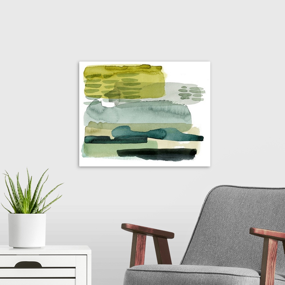 A modern room featuring Watercolor artwork in overlapping shades of green and yellow on white.