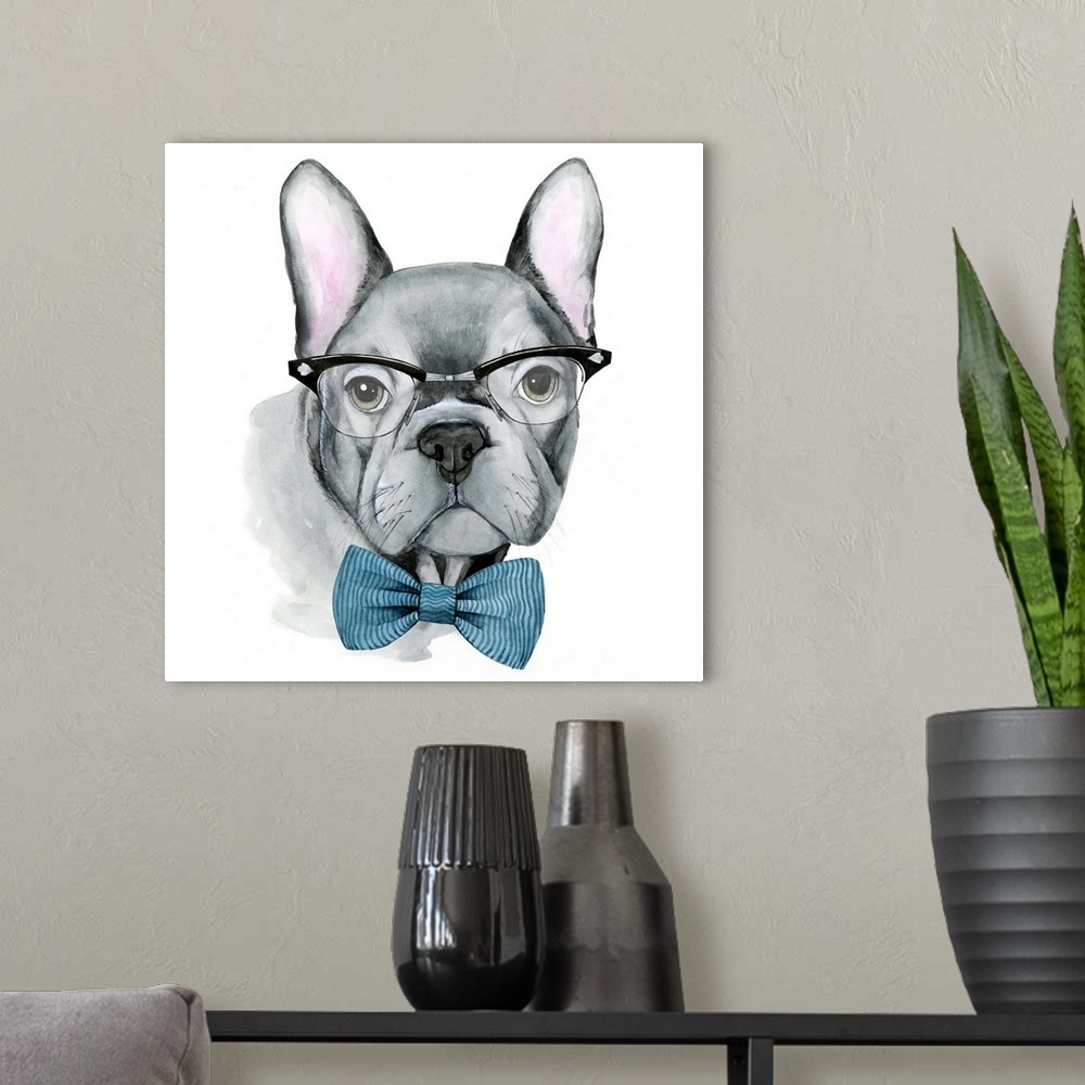 A modern room featuring Humorous illustration of a French bulldog wearing large glasses and a bow.