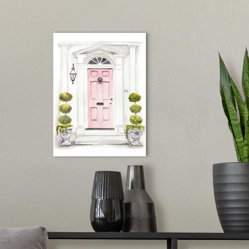 A modern room featuring Watercolor artwork of a pink door with white columns and small topiaries.