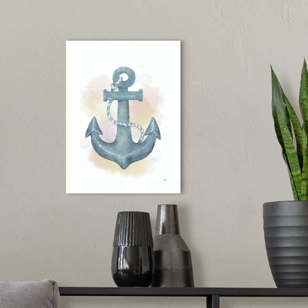 A modern room featuring Nautical watercolor painting of an anchor in blue tones.