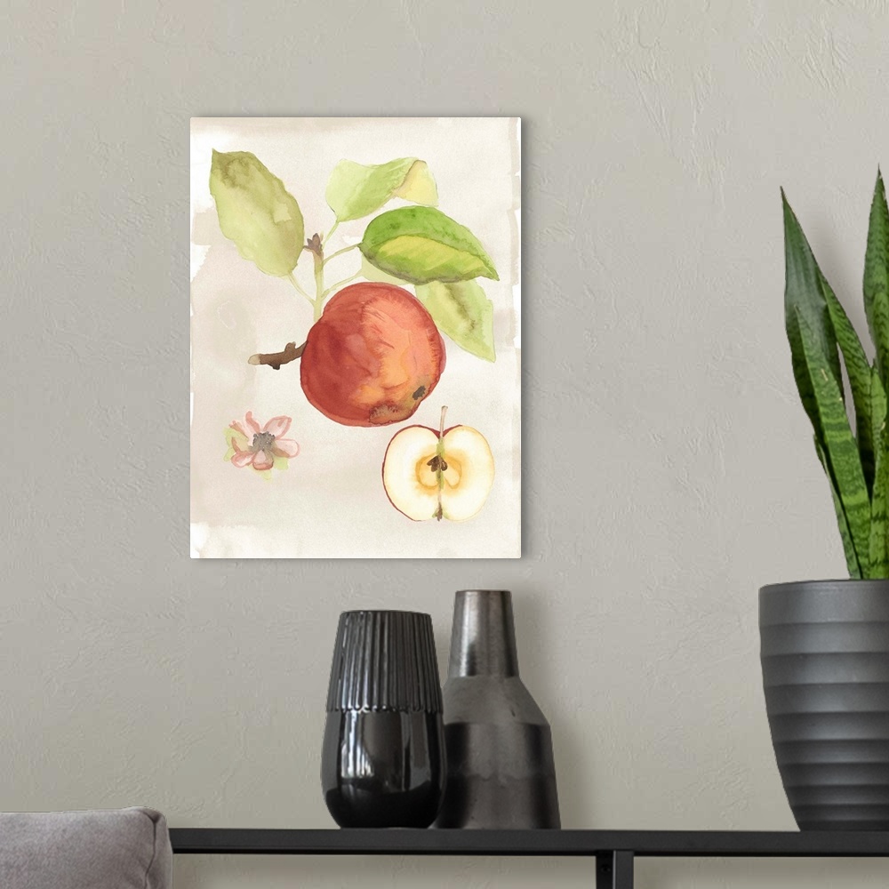 A modern room featuring Contemporary watercolor painting of fruit.