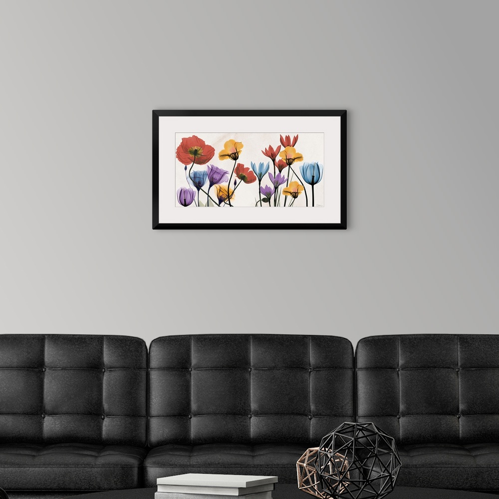 A modern room featuring X-ray photograph of spring time colorful flowers.