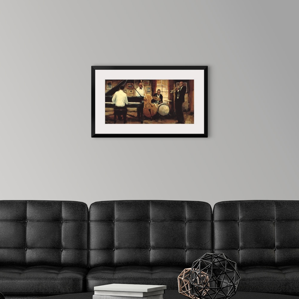 A modern room featuring Contemporary painting of a group of jazz musicians, including a trumpet plater, a drummer, a bass...