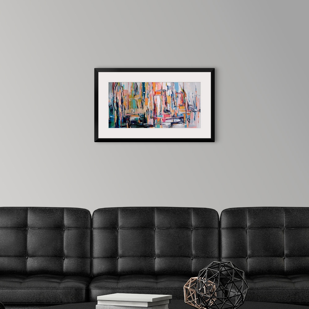 A modern room featuring An abstract painting inspired by the Australian landscape depicting both city scape and the wide ...