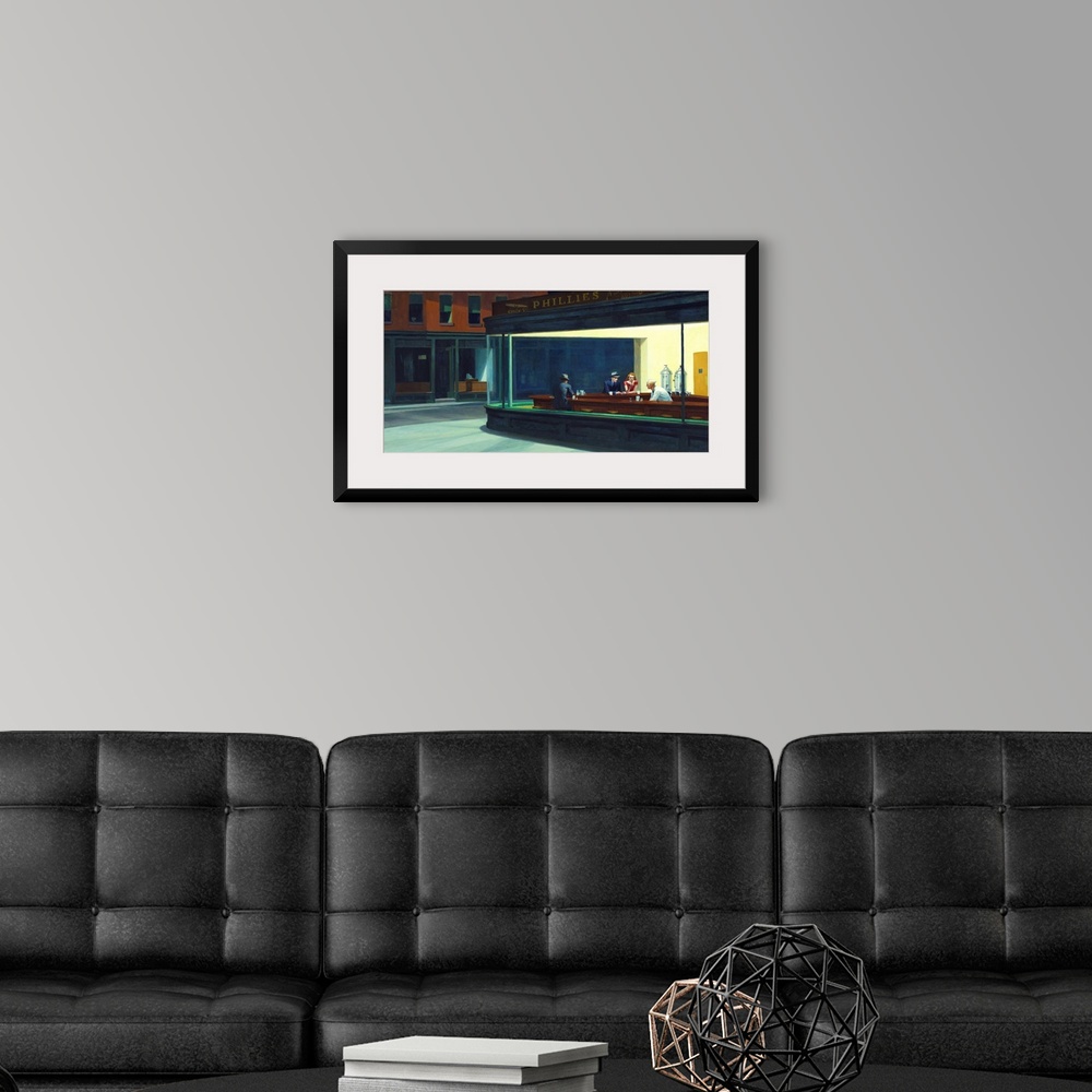A modern room featuring Painting of a view from outside of two men and a woman sitting inside at a diner bar drinking cof...