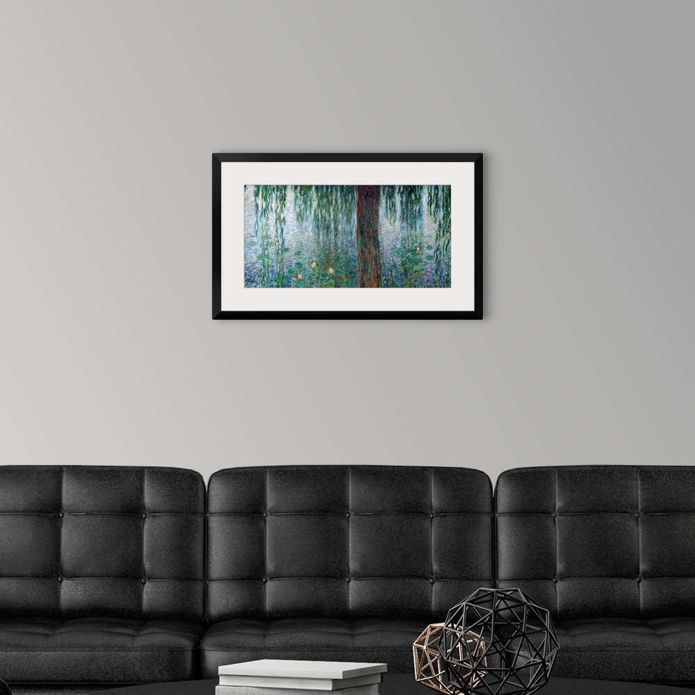 A modern room featuring Detail of an Impressionist painting of willow branches dipping into water covered with lily pads.
