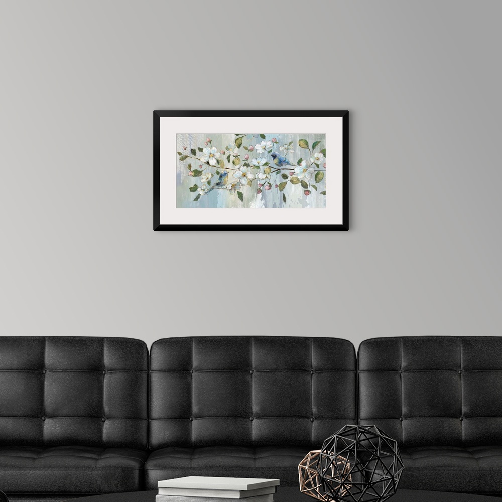 A modern room featuring Contemporary painting of two blue birds perched on a branch with white flowers, pink flower buds,...
