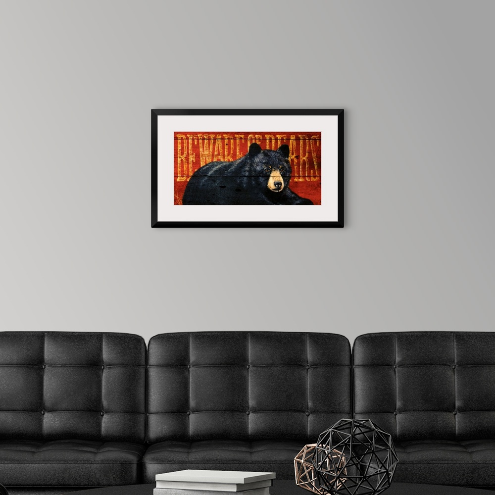 A modern room featuring Artwork of a black bear sitting on the ground with the warning ""Beware of Bears"" written behind...