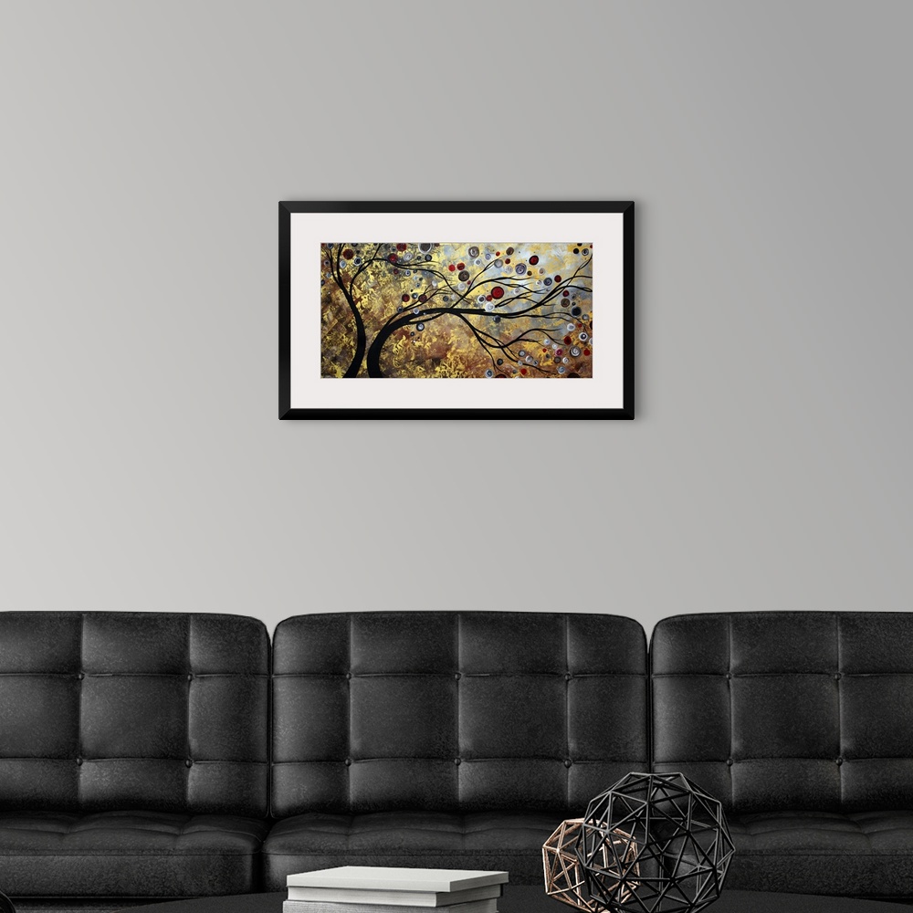A modern room featuring Abstract artwork featuring two trees swaying surrounded by ciruclar and other ornate designs. Mix...