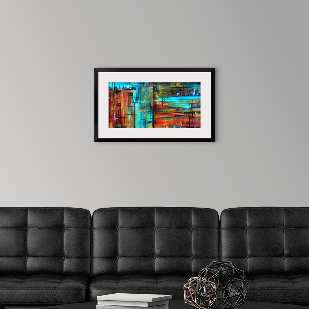 A modern room featuring This is a horizontal contemporary painting of neon colors and dark streaks creating a wild and ab...