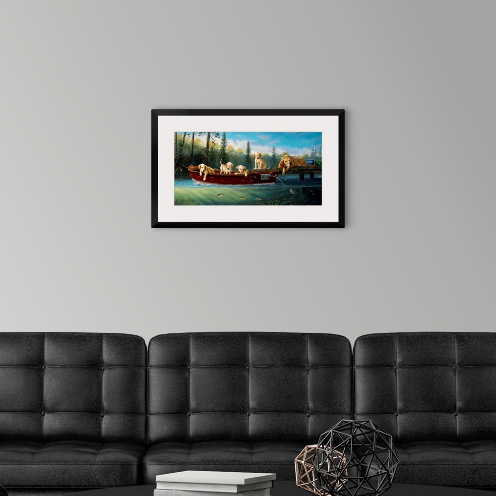 A modern room featuring Horizontal artwork on a big wall hanging of a mother dog lying at the edge of a dock, one of her ...