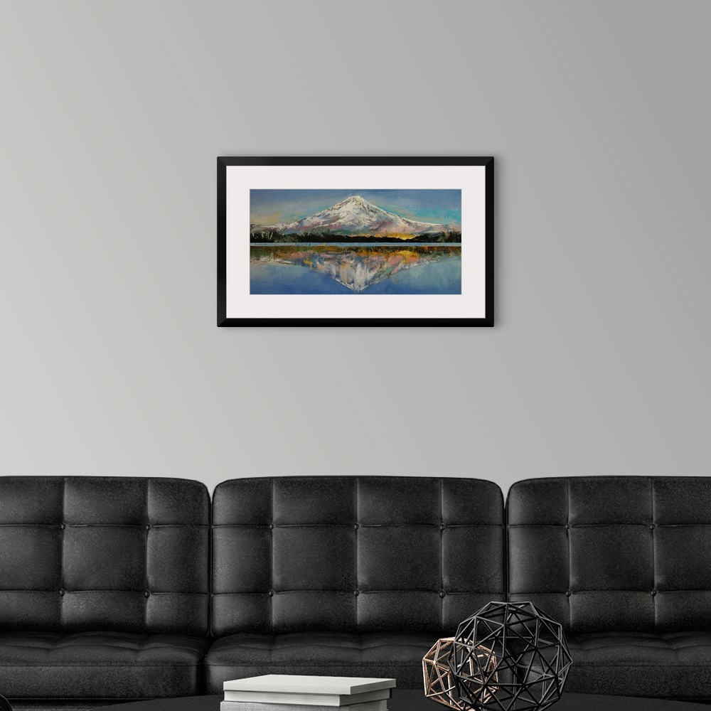 A modern room featuring A contemporary painting of Mount Hood reflecting in the lake below it.
