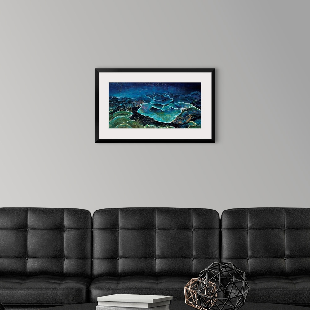 A modern room featuring Contemporary underwater scene done in vibrant blue and green shades.