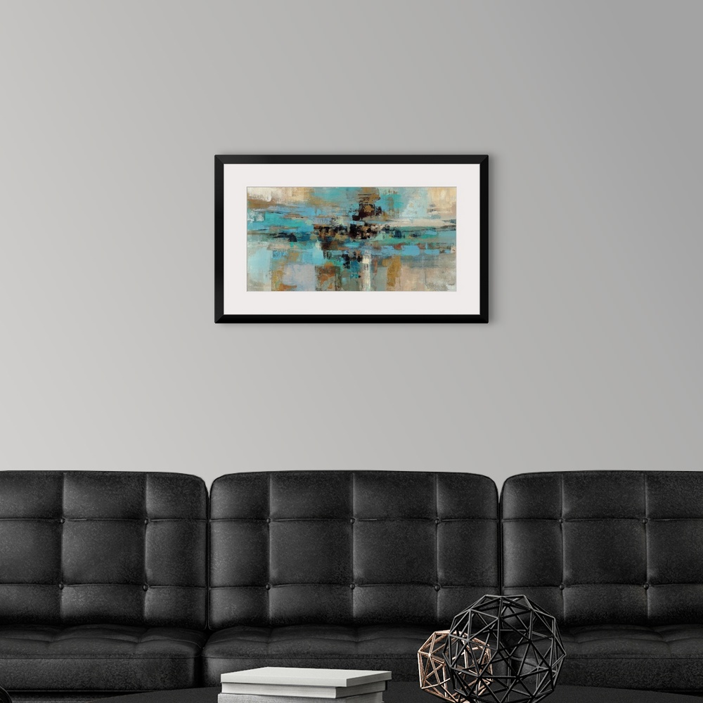 A modern room featuring Horizontal living room art of a restful composition of an abstract painting with a layered paint ...