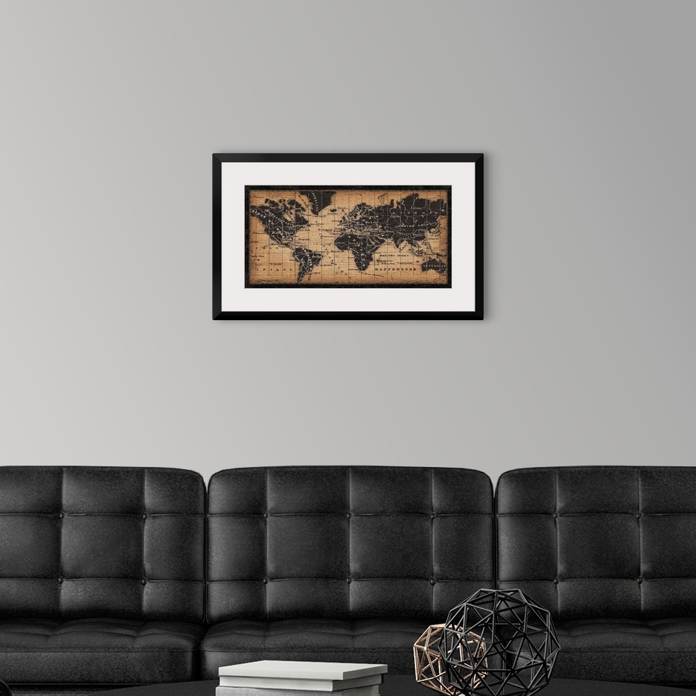 A modern room featuring This artwork has been designed to look like an antique map with French names and a burlap fabric ...